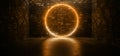 Futuristic Sci Fi Elegant Modern Neon Glowing Circle Shaped Lines Tubes Orange Colored Lights In Dark Empty Grunge Concrete Brick