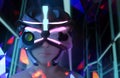 Futuristic sci-fi female face in helmet with neon background Royalty Free Stock Photo