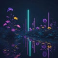 Futuristic Sci-fi Flower Garden With Neon Tube Lights Trough Flowers, Alien Nature World, Party Mood, Generative AI
