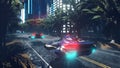 Futuristic sci-fi flying cars fly over the night wet highway, through the night city. The concept of the future. 3D Royalty Free Stock Photo