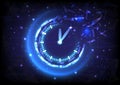 Futuristic Sci-Fi glowing HUD clock fading. Abstract time machine and polygon hi-tech background. Data computer of head-up display