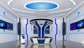 Futuristic Sci-Fi Hallway Interior with Information Desk, Smart Robot and Monitor Screen on Wall, 3D Rendering Royalty Free Stock Photo