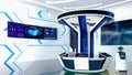 Futuristic Sci-Fi Hallway Interior with Information Desk, Smart Robot and Monitor Screen on Wall, 3D Rendering Royalty Free Stock Photo