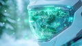 Futuristic sci-fi helmet with digital interface in snowy environment Royalty Free Stock Photo
