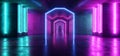 Futuristic  Sci Fi Laser Neon Shapes Glowing Light Vibrant Purple Blue Stage NIght Club Background Grunge Concrete Dark Tunnel Royalty Free Stock Photo