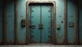 Futuristic sci-fi metal door in aged industrial interior with rust texture. Old lock and handle with grunge paint on building.