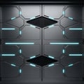 Futuristic Sci- Fi Metallic Door with Glowing Blue Neon Lights Sci-fi Panel Royalty Free Stock Photo
