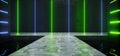 Futuristic Sci Fi Modern Alien Ship Dark Empty Grunge Concrete Room With Reflective Water Waves And Blue And Green Glowing Neon
