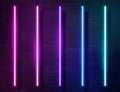 Modern Neon Iridescent Glowing Lines Banner on Dark Empty Grunge Brick Background