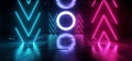 Futuristic Sci Fi Neon Glowing Lights Arrows Purple Blue Stage Night Club Construction Empty Background Grunge Concrete Reflective Royalty Free Stock Photo