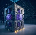 Futuristic sci-fi quantum supercomputer. Suitable for technology, future computing, innovation, artificial intelligence, quantum