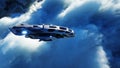 Futuristic sci fi ship flying in the clouds. 3d rendering.