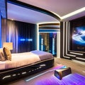 A futuristic, sci-fi spaceship-inspired bedroom with interactive LED walls and levitating furniture3, Generative AI