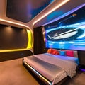 A futuristic, sci-fi spaceship-themed bedroom with interactive LED walls and levitating furniture4, Generative AI