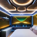 A futuristic, sci-fi spaceship-themed bedroom with interactive LED walls and levitating furniture1, Generative AI