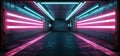 In a futuristic and sci-fi themed 3D rendering, a triangular tunnel corridor with neon glowing laser lights is situated
