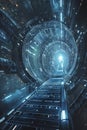 Futuristic Sci-Fi Tunnel with Glowing Lights and Metallic Pathway Royalty Free Stock Photo