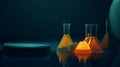 Futuristic science background with glowing low polygon beakers and petri dish on dark blue surface Royalty Free Stock Photo