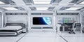Futuristic Science Fiction Bedroom Interior with Planet Earth View in Space Station, 3D Rendering Royalty Free Stock Photo