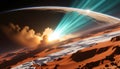 Sci Fi Planet Horizon with Energy Beam and Cosmic Landscape Royalty Free Stock Photo