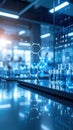 Futuristic science lab with digital display, molecular structure, and glass labware. Royalty Free Stock Photo