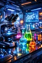 Futuristic Science Laboratory With Advanced Microscope And Colorful Chemical Experiments Royalty Free Stock Photo