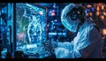 Futuristic scientist robot analyzing data in a high-tech lab Royalty Free Stock Photo