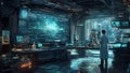 Futuristic Scientist Studies Complex Data Network In Advanced Lab