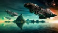 Futuristic SciFi Battle Ships Hover Over An Alien Planet Royalty Free Stock Photo