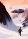 Futuristic SciFi space ships hovering over an icy alien planet