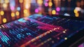 Futuristic screen displaying complex data streams with blurred lights in background Royalty Free Stock Photo