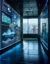 Futuristic screens projecting charts and insights in a minimalist setting, highlighting progress high tech