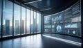 Futuristic screens projecting charts and insights in a minimalist setting, highlighting progress high tech business strategies