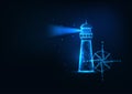 Futuristic sea adventure concept with glowing low polygonal lighting house and compass rose