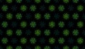 Futuristic seamless pattern on black background. Abstract design of repeating green glowing stars and swirls.