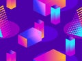 Futuristic seamless pattern with geometric shapes. Isometric 3d objects. Purple and blue gradient. Retrowave. Vector