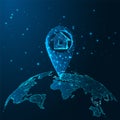 Futuristic search for property concept with glowing low polygonal house, location pin and map globe Royalty Free Stock Photo