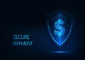 Futuristic secure payment concept with glowing low polygonal dollar sign and protection shield Royalty Free Stock Photo