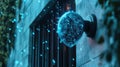 Futuristic security camera monitoring with binary code and data stream