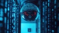 Futuristic security camera monitoring server room with binary code