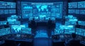 Futuristic Security Operations Center With Multiple Monitors Displaying Global Data And Analysts Working In A Dimly Lit Room Royalty Free Stock Photo