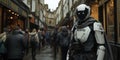 futuristic security robot in uniform stands guard on busy urban street