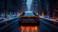 Futuristic Self-Driving Car Glides Through Winter Wonderland. Concept Winter Wonderland, Futuristic