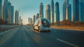 Futuristic Self-Driving Van on City Highway at Sunset Royalty Free Stock Photo