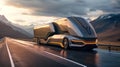 Futuristic semi-trailer on the highway, highway. sunrise or sunset. The electric truck carries out international cargo Royalty Free Stock Photo