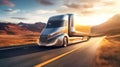 Futuristic semi-trailer on the highway, highway. sunrise or sunset. The electric truck carries out international cargo Royalty Free Stock Photo