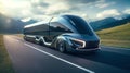 Futuristic semi-trailer on the highway, highway. sunrise or sunset. The electric truck carries out international cargo Royalty Free Stock Photo