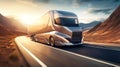 Futuristic semi-trailer on the highway, highway. sunrise or sunset. The electric truck carries out international cargo Royalty Free Stock Photo