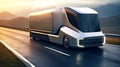 Futuristic semi-trailer on the highway, highway. sunrise or sunset. The electric truck carries out international cargo Royalty Free Stock Photo