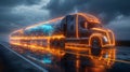 Futuristic semi truck with automotive lighting drives on wet highway at night Royalty Free Stock Photo